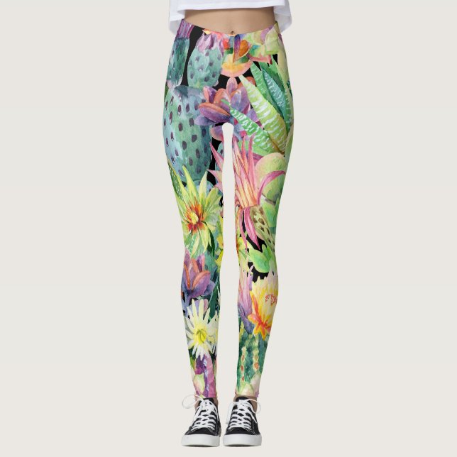 Leggings Cactus en floraison, motif aquarelle transparent. (Devant)