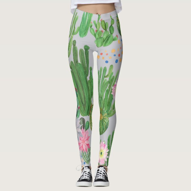 Leggings Cactus et fleurs, aquarelle peinture transparente. (Devant)