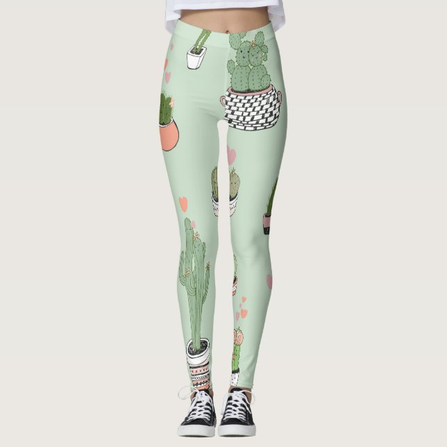Leggings Cactus Love : Joli Motif de dessin animé. (Devant)