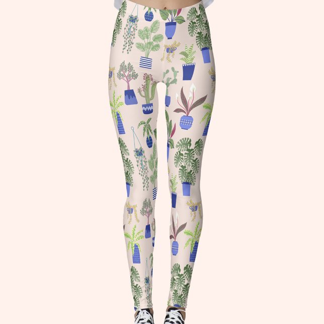 Leggings Cactus Succulent rose pâle (House plant, cactus and succulent pattern yoga pants leggings)