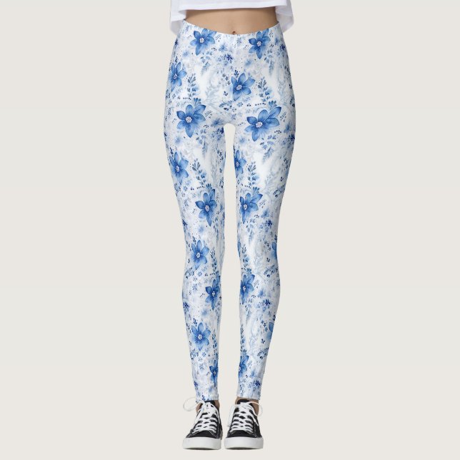 Leggings Cadeau d'anniversaire | Fleurs bleues et blanches (Devant)