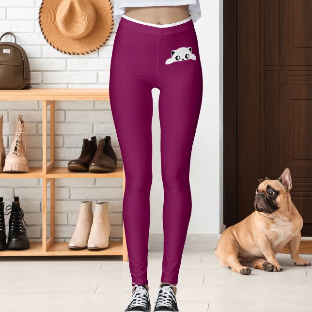 Leggings Cadeau personnalisé de chat mignon vin blanc rayur (Créateur téléchargé)