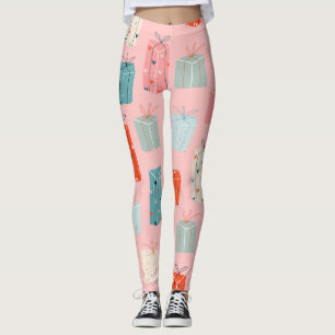 Leggings Cadeaux de Noël, arrière - plan rose, motif vintag