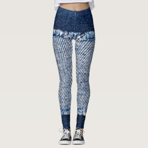 Leggings Cadre de jean bleu denim fringé.