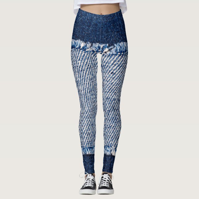 Leggings Cadre de jean bleu denim fringé. (Devant)