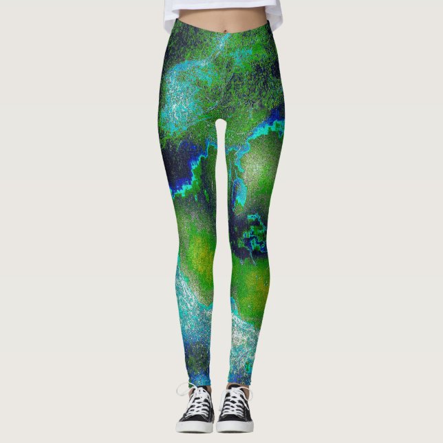 Leggings Calcaire Abstrait en vert citron et bleu (Devant)