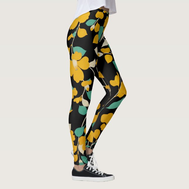 LEGGINGS CAMELLIAS JAUNES, FEUILLES BLANCS VERTS NOIR (Droite)