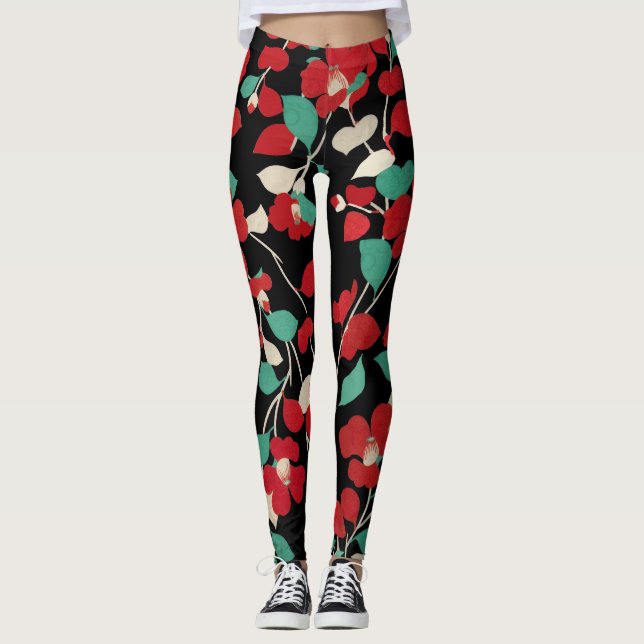 Leggings CAMELLIAS ROUGES, FEUILLES VERTS BLANCS Floral NOI (Devant)