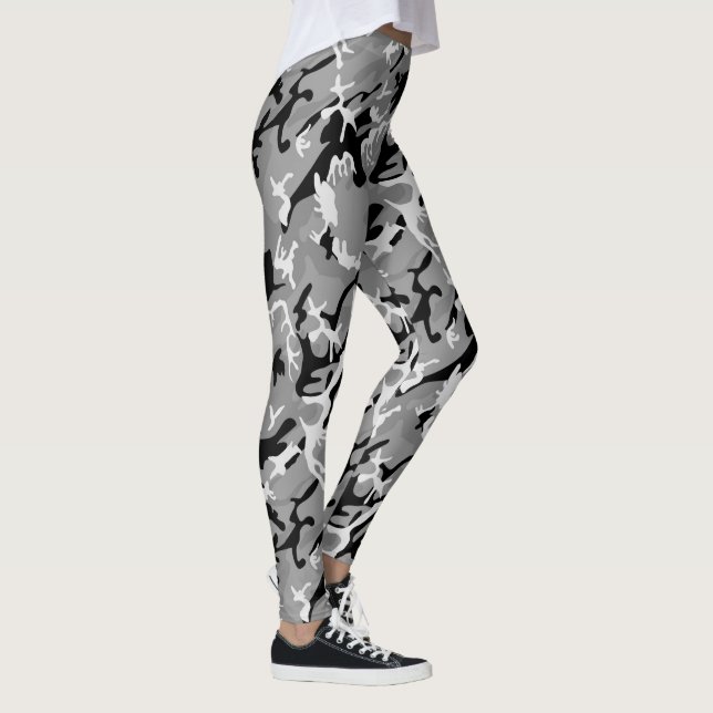 Leggings Camo d'hiver, motif blanc noir gris de camouflage (Droite)