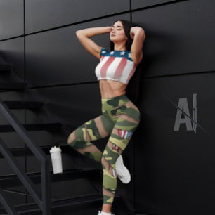Leggings Camo vert, motif tigre, drapeau de tatouage améric