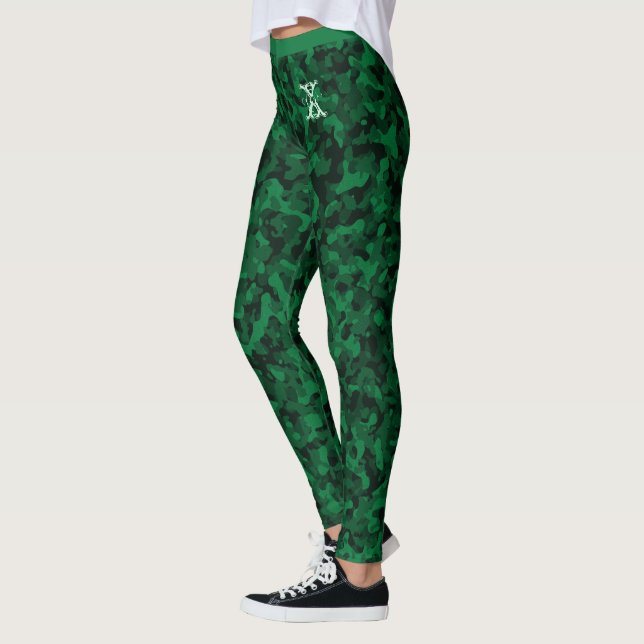Leggings Camouflage Vert Chic Motif Monogramme Personnalisé (Gauche)