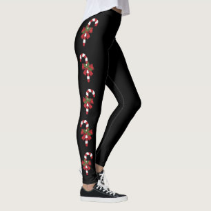 Leggings Canne de Noël rouge et blanche sur fond noir