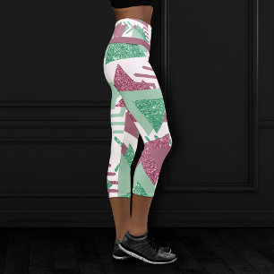 Leggings Capri 80s Abstraits frais   Motif de formes rose et vert