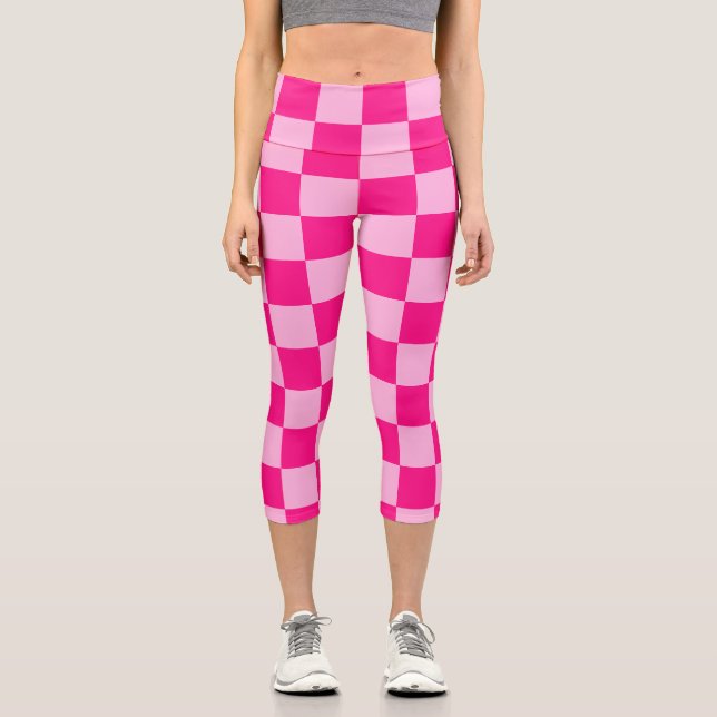 Leggings Capri à damiers carré léger rose chaud rétro géométrique (Recto)