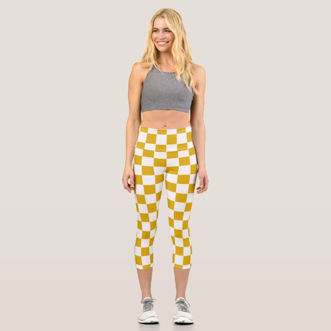 Leggings Capri à damiers moutarde jaune et blanc (Recto)