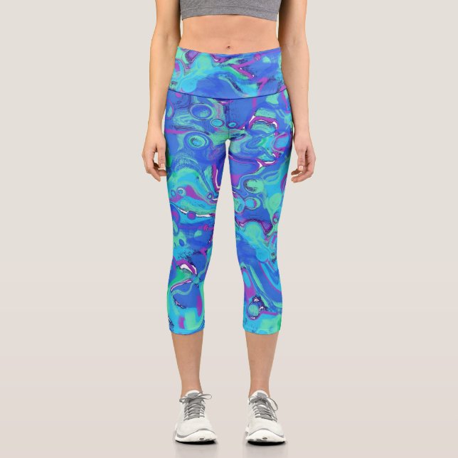 Leggings Capri Abstrait en bleus, verts et violets (Recto)