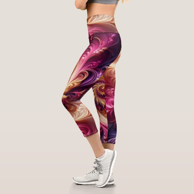 Leggings Capri Abstrait moderne de torréfaction rose, or et viole (Gauche)