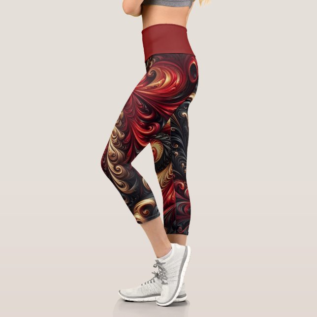 Leggings Capri Abstrait Moderne Rouges, Noir et Or (Gauche)
