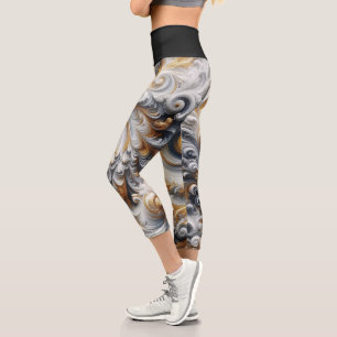Leggings Capri Abstrait Moderne Swirling or, noir et blanc