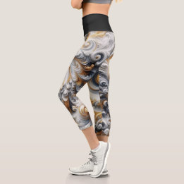 Leggings Capri Abstrait Moderne Tourbillonnant Or, Noir et Blanc 