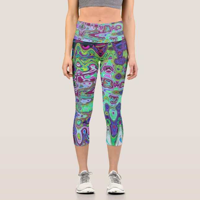 Leggings Capri Abstrait Mosaïque Rétro Ondulée Verte et Violette (Recto)