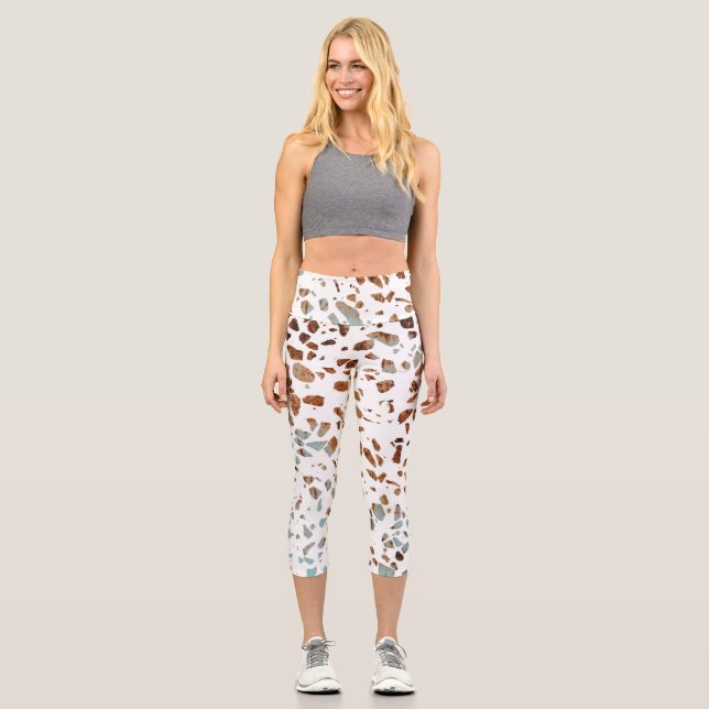 Leggings Capri Abstrait Terrazzo Mosaic rouille Brown & Motif ble (Recto)