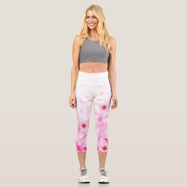 Leggings Capri Abstraite fleur de cerisier rose et blanc (Recto)