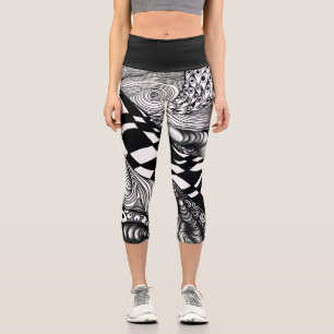 Leggings Capri Abstraite ligne noire et blanche