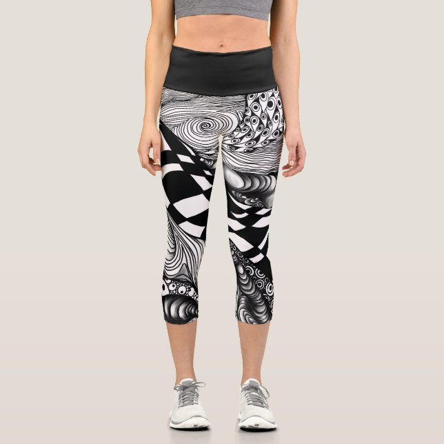 Leggings Capri Abstraite ligne noire et blanche (Recto)
