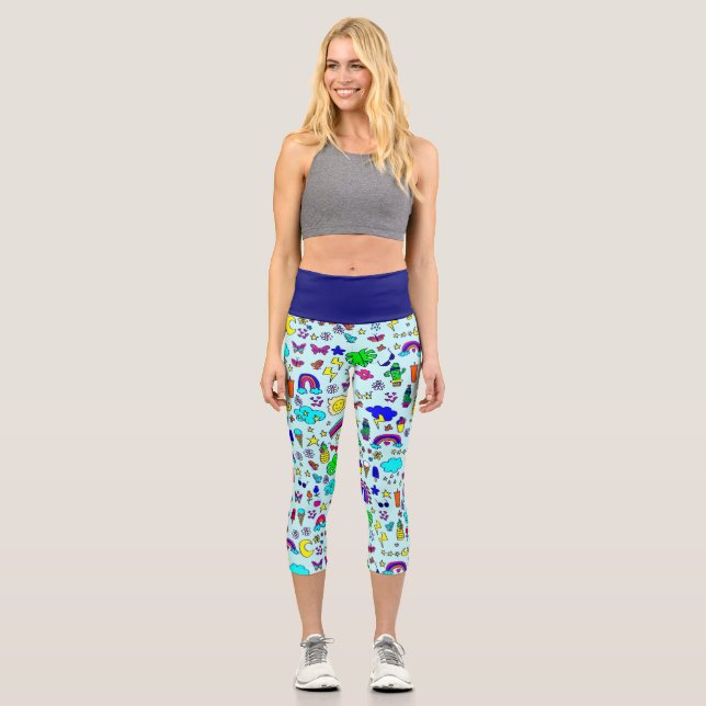 Leggings Capri ananas cactus arc-en-ciel monstère doodé (Recto)