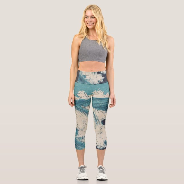 Leggings Capri Antique Japonais Bleu Vagues Océan Imprimer (Recto)