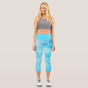 Leggings Capri Aqua Blue Sea et White Mandala Yoga Capri Leging