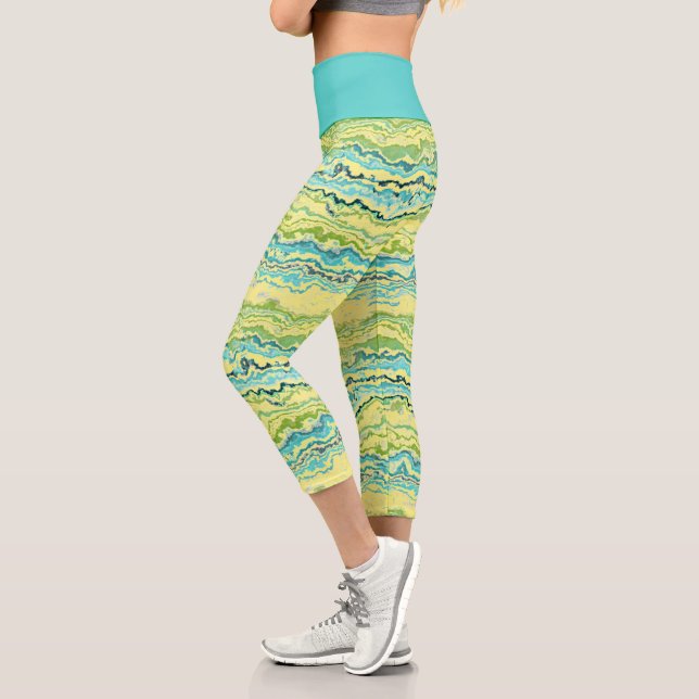 Leggings Capri Aqua Turquoise Lime Green Minéraux Motif d'âge (Gauche)
