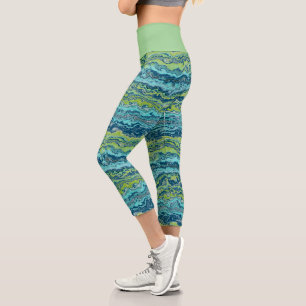 Leggings Capri Aqua Turquoise Lime Green Minéraux Motif d'âge