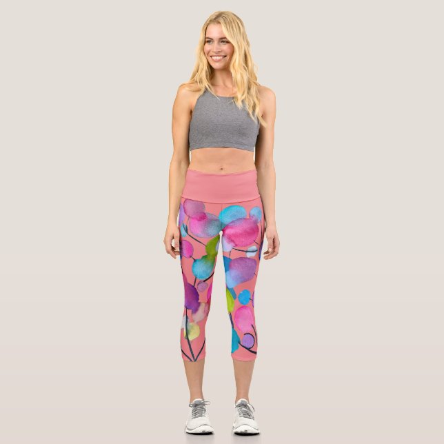 Leggings Capri Aquarelle abstraite rose mignonne art arbre coloré (Recto)