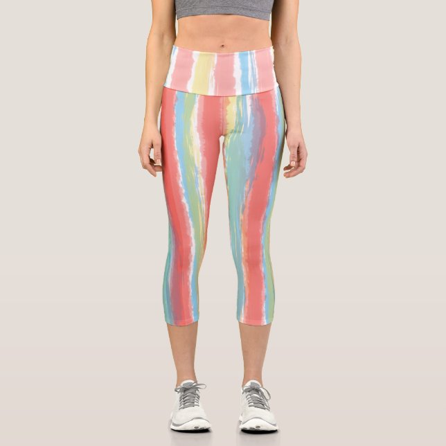 Leggings Capri Aquarelle bleu rose jaune jaune rayures verticales (Recto)