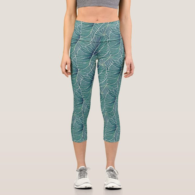 Leggings Capri Aquarelle Bleu Vert Turquoise Tropical Feuille Mot (Recto)