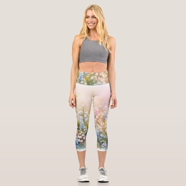 Leggings Capri Aquarelle Fleurs aux couleurs pastels (Recto)