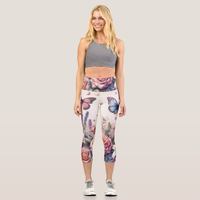 Leggings Capri Aquarelle Fleurs et coquillages sur la plage (Recto)