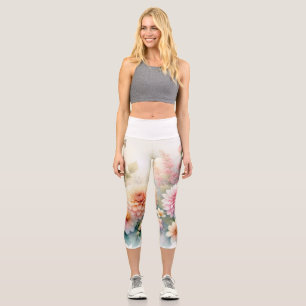 Leggings Capri Aquarelle Fleurs et coquillages sur la plage