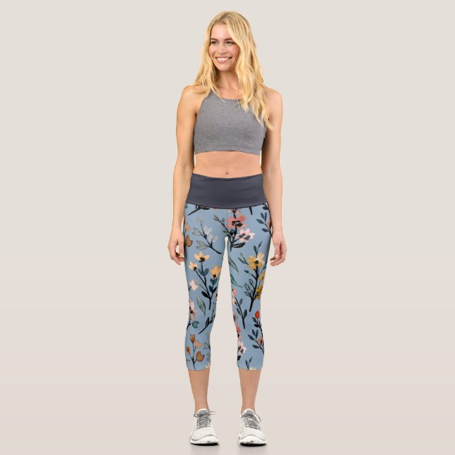 Leggings Capri Aquarelle florale Bleu Doux (Recto)