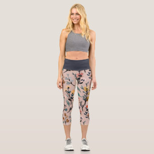Leggings Capri Aquarelle florale Boho Rose poussiéreux