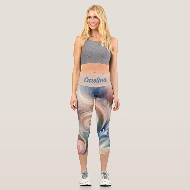 Leggings Capri Aquarelle Imaginaire Floral Pastel Bleu & Crème (Recto)