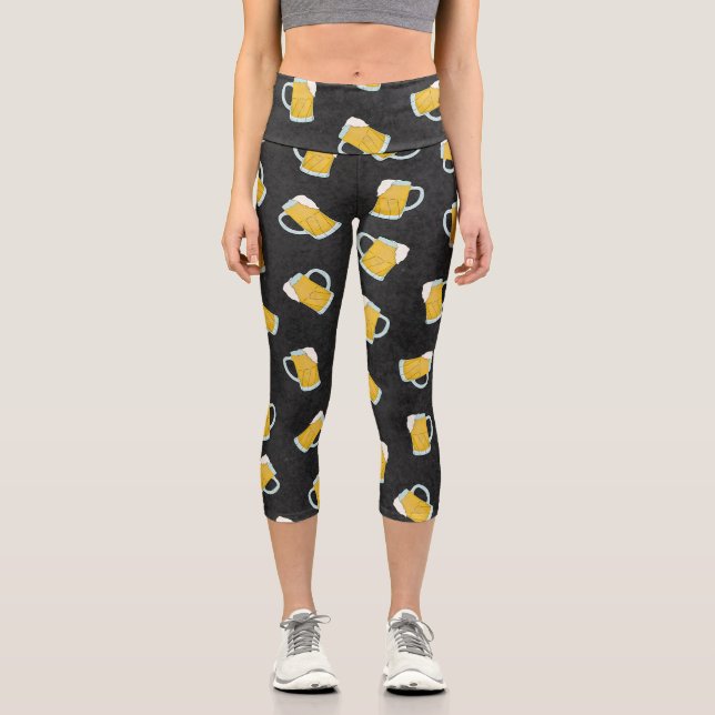 Leggings Capri Aquarelle moderne jaune noir Bière Steins Motif (Recto)