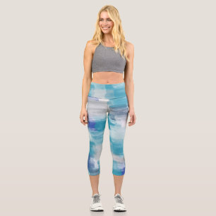 Leggings Capri Aquarelle moderne turquoise et gris Art Abstrait