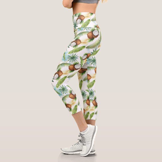 Leggings Capri Aquarelle Motif de noix de coco tropicale (Gauche)