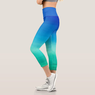 Leggings Capri Aquarelle Neon Océan Bleu Vert Été Thème