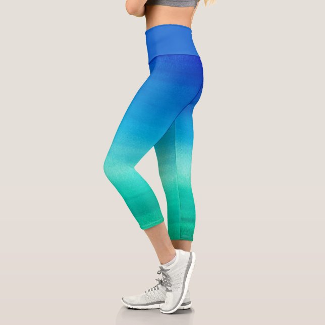 Leggings Capri Aquarelle Neon Océan Bleu Vert Été Thème (Gauche)