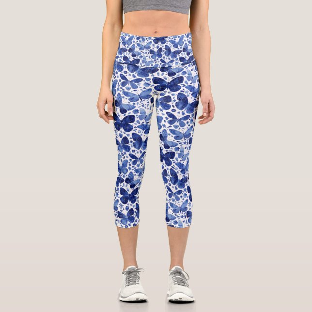 Leggings Capri Aquarelle papillon Indigo Blue (Recto)