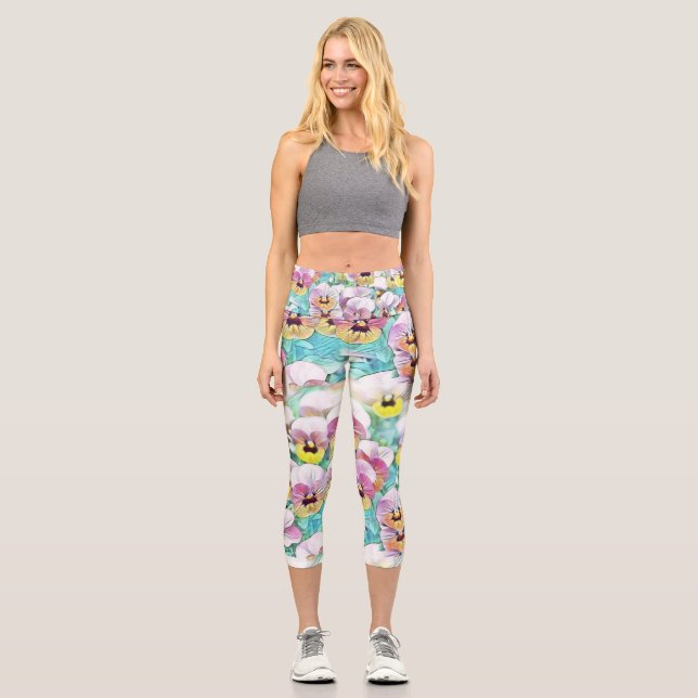Leggings Capri Aquarelle peinte de panneaux blancs jaune rose (Recto)